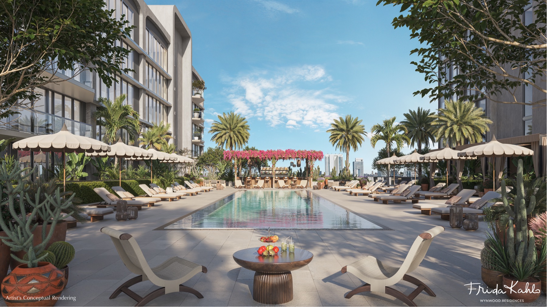 Resort-style pool with shaded lounges and lush landscaping.